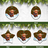 Menzies Green Modern Tartan Christmas Ceramic Ornament - Highland Cows Snow Style