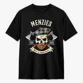 Menzies Black - White Modern Tartan Crest 2D T-shirt - Alba Skull Style