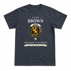Brown Ancient Tartan Crest Mischief and Mayhem T-shirt