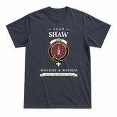 Shaw Red Modern Tartan Crest Mischief and Mayhem T-shirt