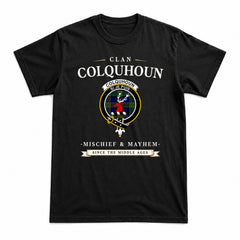 Colquhoun Modern Tartan Crest Mischief and Mayhem T-shirt