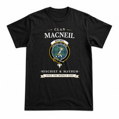 MacNeil of Colonsay Ancient Tartan Crest Mischief and Mayhem T-shirt