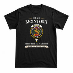 McIntosh Hunting Modern Tartan Crest Mischief and Mayhem T-shirt