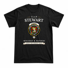 Stewart Atholl Modern Tartan Crest Mischief and Mayhem T-shirt