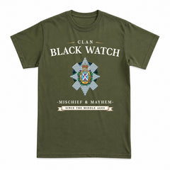 Black Watch Ancient Tartan Crest Mischief and Mayhem T-shirt