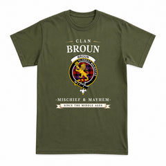 Broun Modern Tartan Crest Mischief and Mayhem T-shirt