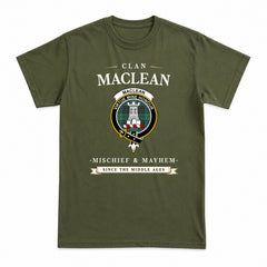 MacLean Hunting Ancient Tartan Crest Mischief and Mayhem T-shirt