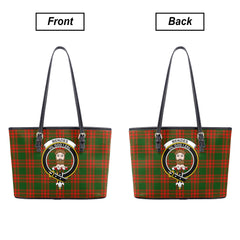 Menzies Green Modern Tartan Crest Leather Tote Bag