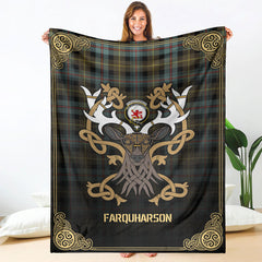 Farquharson Weathered Tartan Crest Premium Blanket - Celtic Stag style