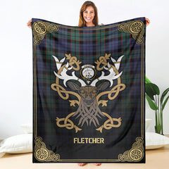 Fletcher Modern Tartan Crest Premium Blanket - Celtic Stag style