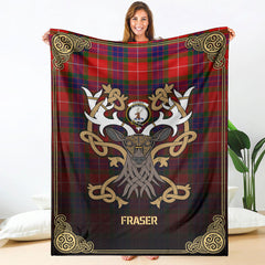 Fraser (of Lovat) Modern Tartan Crest Premium Blanket - Celtic Stag style
