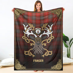 Fraser (of Lovat) Weathered Tartan Crest Premium Blanket - Celtic Stag style