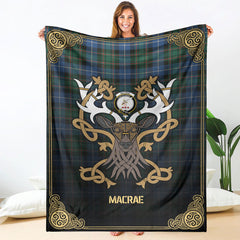 MacRae Hunting Ancient Tartan Crest Premium Blanket - Celtic Stag style