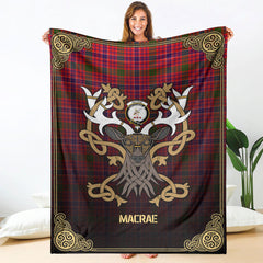 MacRae Modern Tartan Crest Premium Blanket - Celtic Stag style