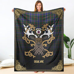Ogilvie Hunting Modern Tartan Crest Premium Blanket - Celtic Stag style
