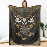 Scott Green Weathered Tartan Crest Premium Blanket - Celtic Stag style
