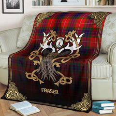 Fraser (of Lovat) Modern Tartan Crest Premium Blanket - Celtic Stag style