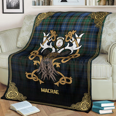 MacRae Hunting Ancient Tartan Crest Premium Blanket - Celtic Stag style
