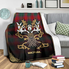 MacPhail Clan Tartan Crest Premium Blanket - Celtic Stag style