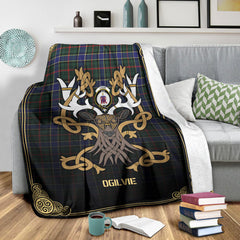 Ogilvie Hunting Modern Tartan Crest Premium Blanket - Celtic Stag style