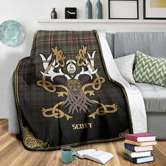 Scott Green Weathered Tartan Crest Premium Blanket - Celtic Stag style