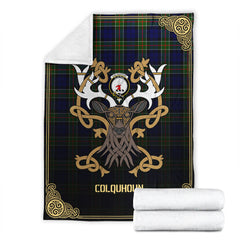 Colquhoun Modern Tartan Crest Premium Blanket - Celtic Stag style