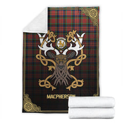 MacPherson Ancient Tartan Crest Premium Blanket - Celtic Stag style