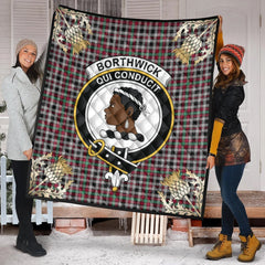 Borthwick Ancient Tartan Crest Premium Quilt - Gold Thistle Style
