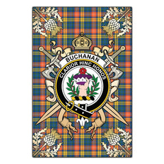 Buchanan Ancient Tartan Crest Black Garden Flag - Gold Thistle Style