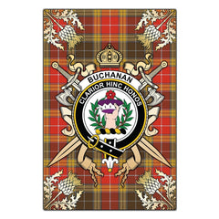 Buchanan Old Set Weathered Tartan Crest Black Garden Flag - Gold Thistle Style