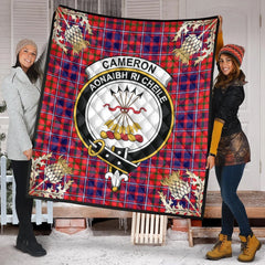 Cameron of Lochiel Modern Tartan Crest Premium Quilt - Gold Thistle Style