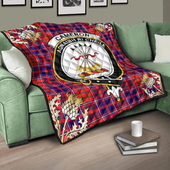 Cameron of Lochiel Modern Tartan Crest Premium Quilt - Gold Thistle Style