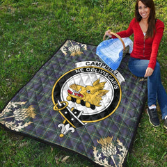 Campbell Argyll Modern Tartan Crest Premium Quilt - Gold Thistle Style