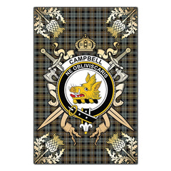 Campbell Argyll Weathered Tartan Crest Black Garden Flag - Gold Thistle Style