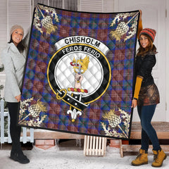 Chisholm Hunting Modern Tartan Crest Premium Quilt - Gold Thistle Style