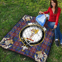 Chisholm Hunting Modern Tartan Crest Premium Quilt - Gold Thistle Style