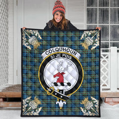 Colquhoun Ancient Tartan Crest Premium Quilt - Gold Thistle Style