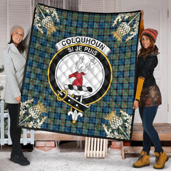 Colquhoun Ancient Tartan Crest Premium Quilt - Gold Thistle Style