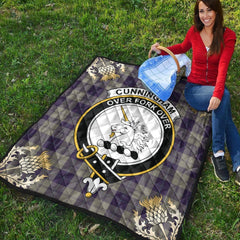 Cunningham Dress Blue Dancers Tartan Crest Premium Quilt - Gold Thistle Style