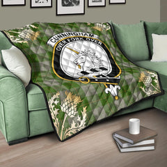 Cunningham Dress Green Dancers Tartan Crest Premium Quilt - Gold Thistle Style