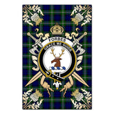 Forbes Modern Tartan Crest Black Garden Flag - Gold Thistle Style