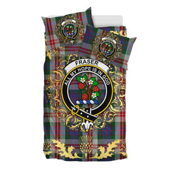 Fraser Red Dress Tartan Crest Bedding Set - Golden Thistle Style