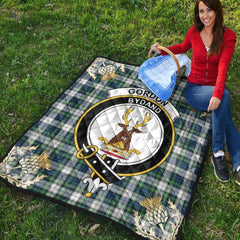 Gordon Dress Ancient Tartan Crest Premium Quilt - Gold Thistle Style