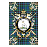 Hunter Ancient Tartan Crest Black Garden Flag - Gold Thistle Style