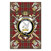 Lindsay Weathered Tartan Crest Black Garden Flag - Gold Thistle Style