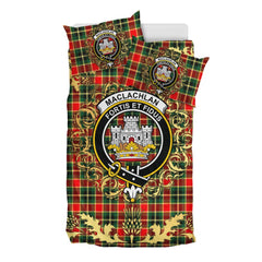 MacLachlan Hunting Modern Tartan Crest Bedding Set - Golden Thistle Style