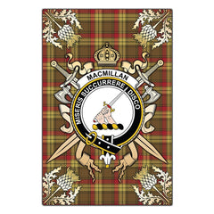 MacMillan Old Weathered Tartan Crest Black Garden Flag - Gold Thistle Style