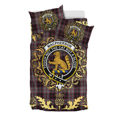 MacPherson Hunting Tartan Crest Bedding Set - Golden Thistle Style