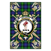Meldrum Tartan Crest Black Garden Flag - Gold Thistle Style