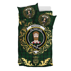Menzies Green Tartan Crest Bedding Set - Golden Thistle Style